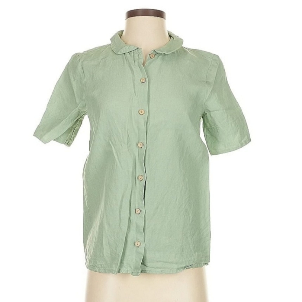 Son de‎ Flor Green Linen Peter Pan Collar Button Up Blouse Short Sleeve Shirt